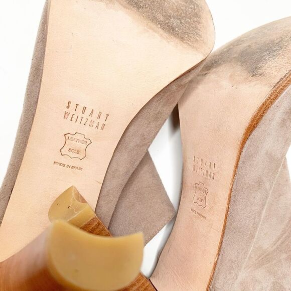 Stuart Weitzman Taupe Suede Peep Toe Stacked Cone Heel Booties Women’s Size 9.5M - Picture 9 of 10